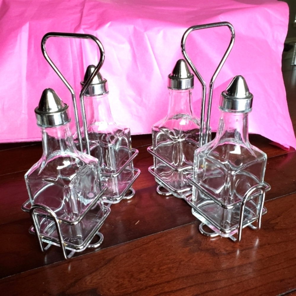 Diner Style Oil & Vinegar Shakers w/Silver Metal Caddy Stainless Steel Lids